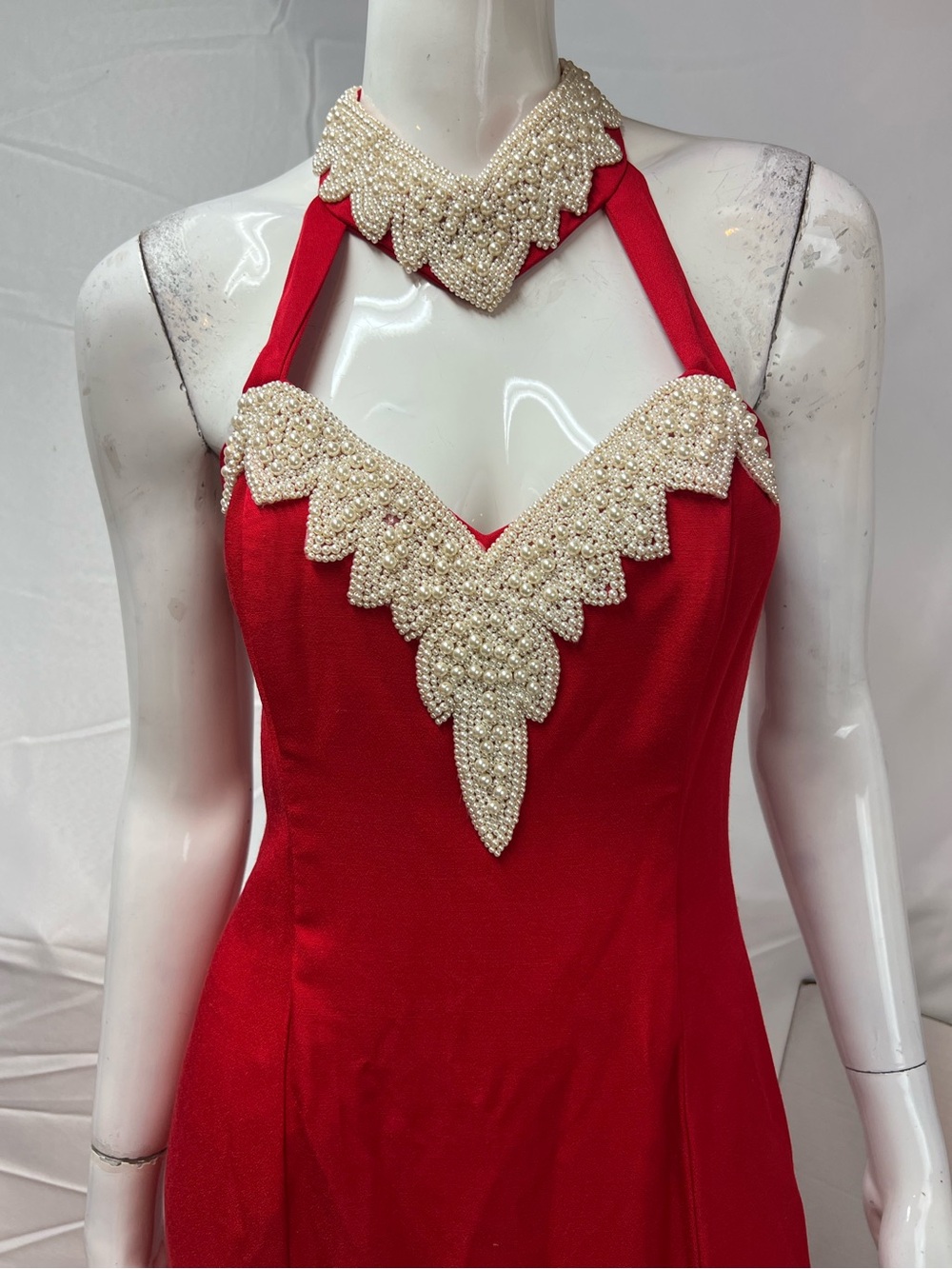 Vintage Women's 12 Red Halter Faux Pearl Embellished Long Slits 80s Gown Dress - Picture 3 of 9